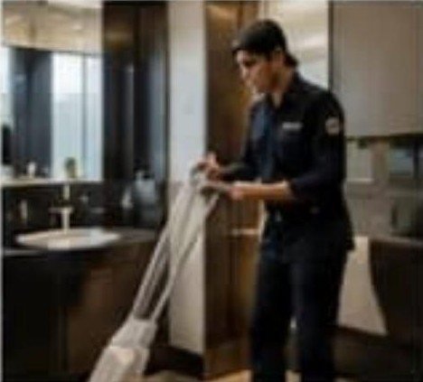Housekeeping staff cleaning with protective gloves